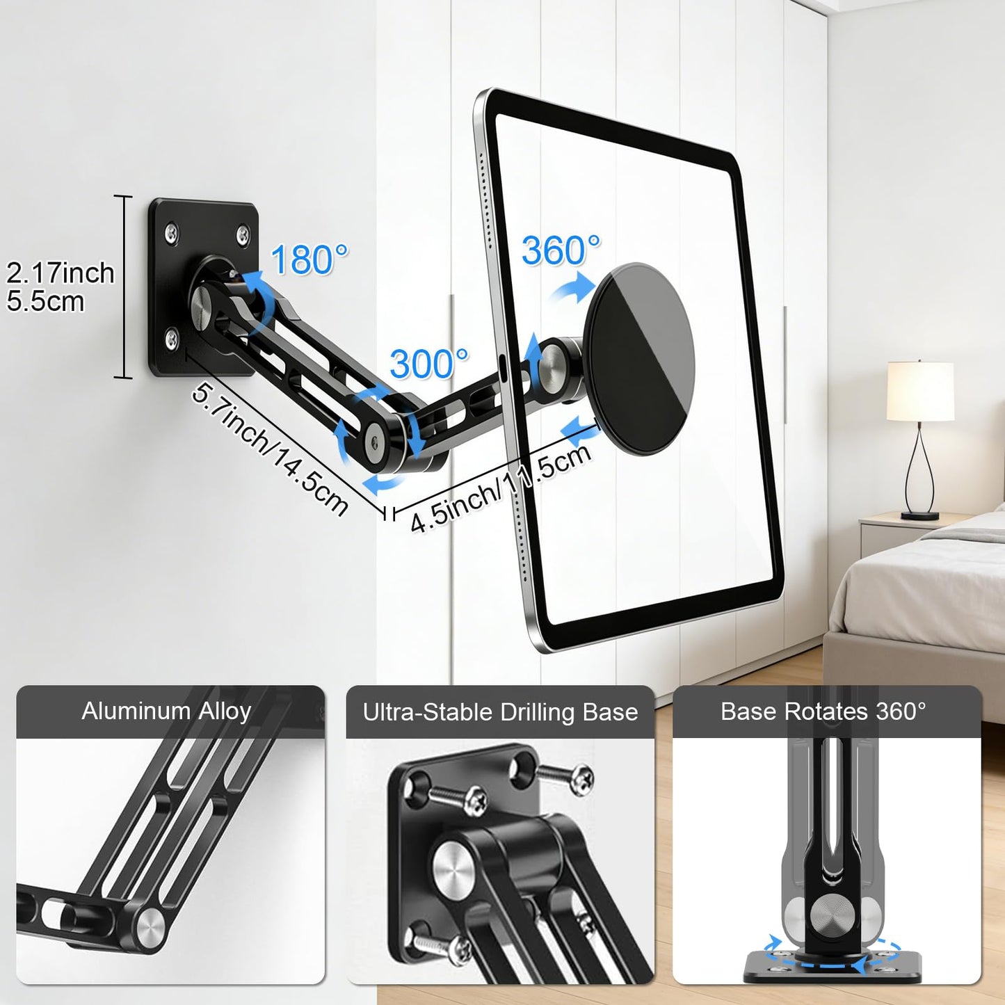 JUBOR Magnetic Tablet Wall Mount, 360° Rotating Alloy Steel Stand with MagSafe & Metal Ring, Foldable Arm for 4.7-13" iPad/Phone/Tablet, Home Gym Kitchen Office