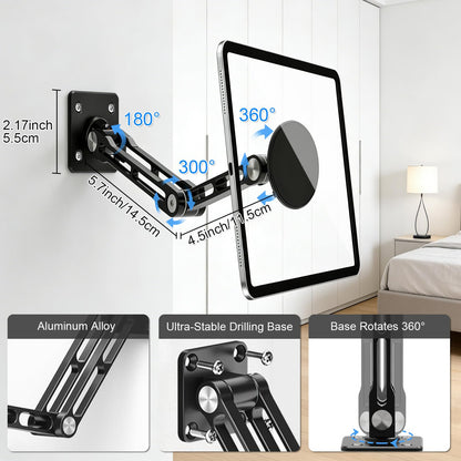 JUBOR Magnetic Tablet Wall Mount, 360° Rotating Alloy Steel Stand with MagSafe & Metal Ring, Foldable Arm for 4.7-13" iPad/Phone/Tablet, Home Gym Kitchen Office