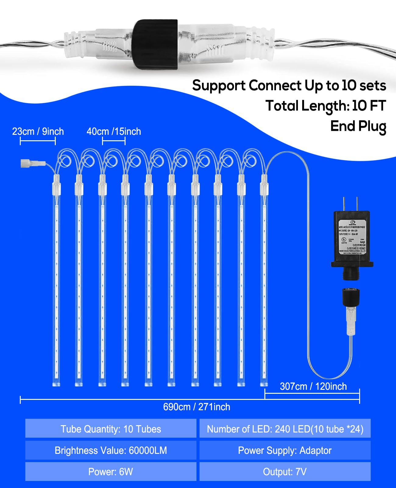 EAGWELL Meteor Shower Lights Outdoor Christmas Lights UL Certified Falling Rain Drop Snowfall Icicle Cascading String Light for Xmas Holiday Tree Wedding Party Garden Decor Blue, 12 Inch 10 Tubes