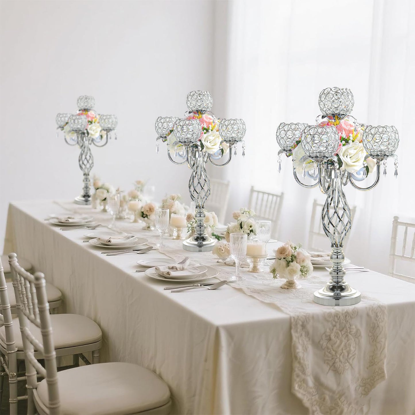 Kehail 5-Arm Crystal Candelabra Centerpiece 23.2" Tall - Elegant Candle Holder Stand with Crystal Bowl, Chic Table Decor for Weddings, Parties, Anniversary & Home Decoration (2, Silver)