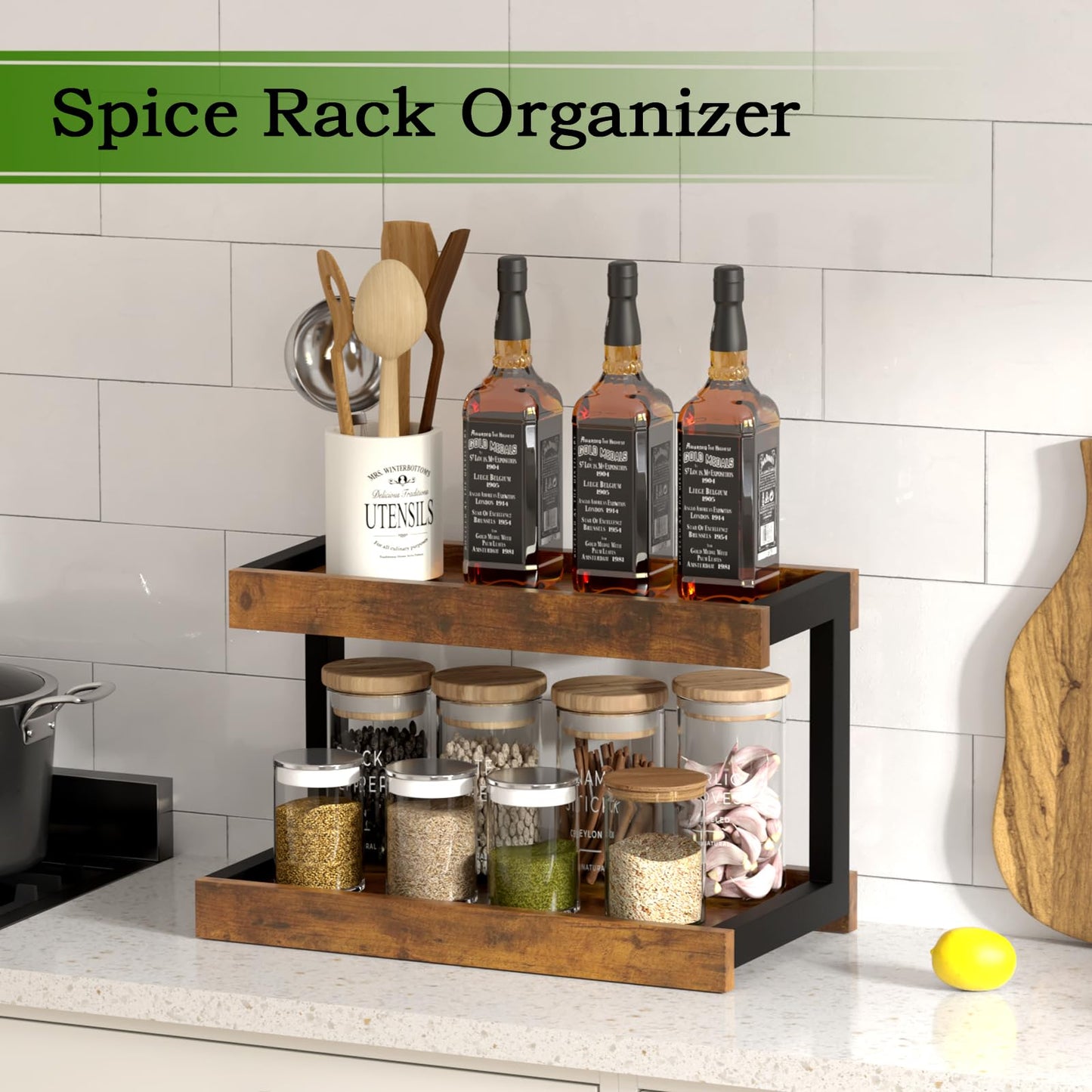 MARTY 2 Tier Spice Rack Organizer for Countertop, 15.8''L Coffee Station/Bathroom Organizer Countertop, Counter Shelf Desktop Storage Organizer for Kitchen, Bedroom, Office (Black)
