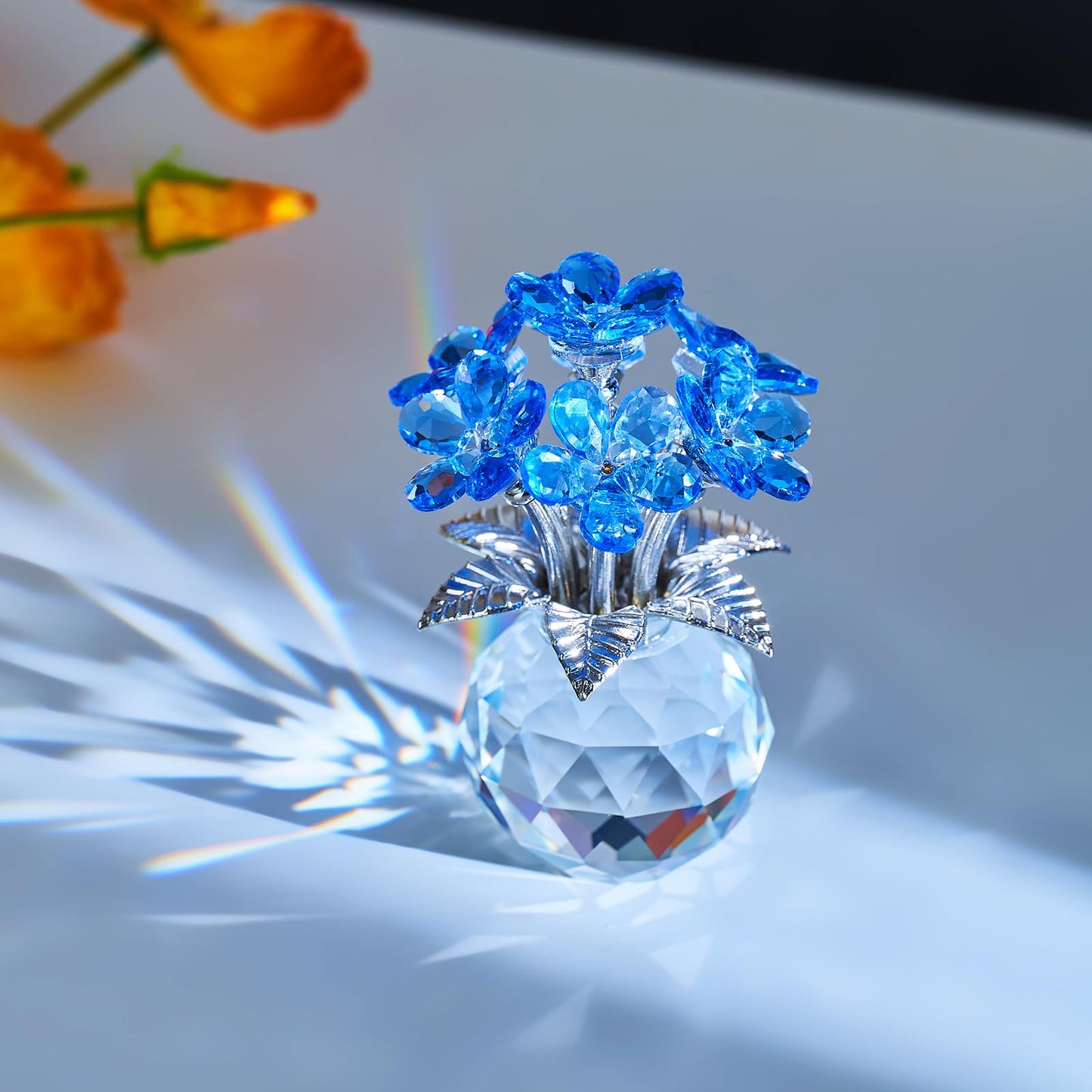 XLSJGYP Blue Crystal Flower Glass Gifts for Sister Girlfriend Women Girl Wife,Crystal Flowers Bouquet Collectible for Wedding Anniversary Mom from Daughter Son (Blue Flower 02)