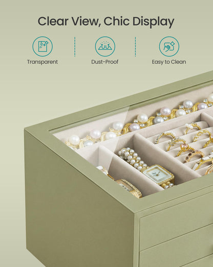SONGMICS 3-Layer Jewelry Box with Glass Window, Jewelry Storage Organizer with 3 Drawers, Golden Handles, for Rings, Earrings, Bracelets, Gift Idea, Sage Green, 6.3 x 9.4 x 4.9 Inches UJBC206CE01S