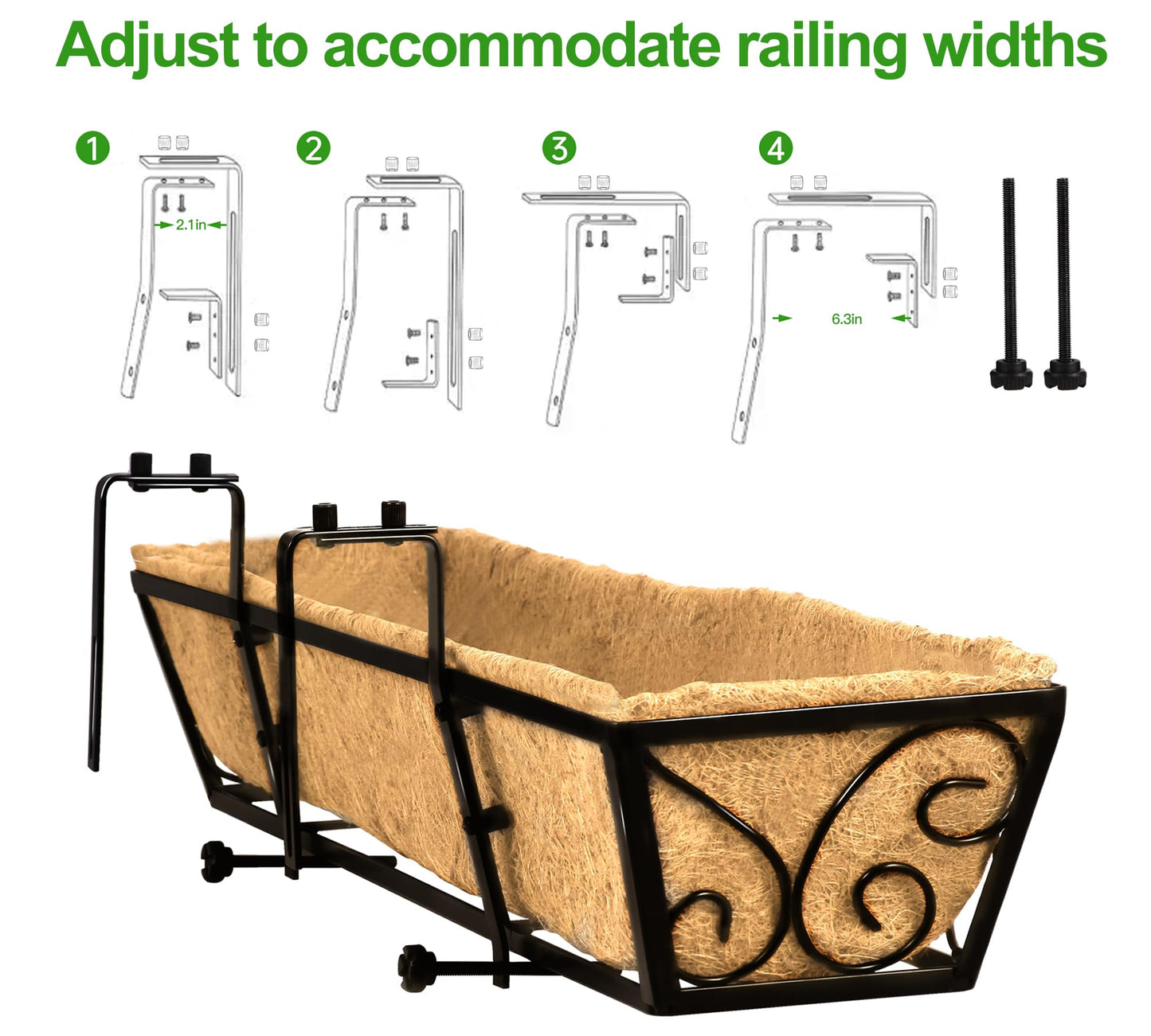 LAWYAMAI 2PCS 30 Inch Railing Planter with Adjustable Brackets, Window Box with Coco Liner, Hanging Flower Box for Balcony Deck Fence, Metal, Black