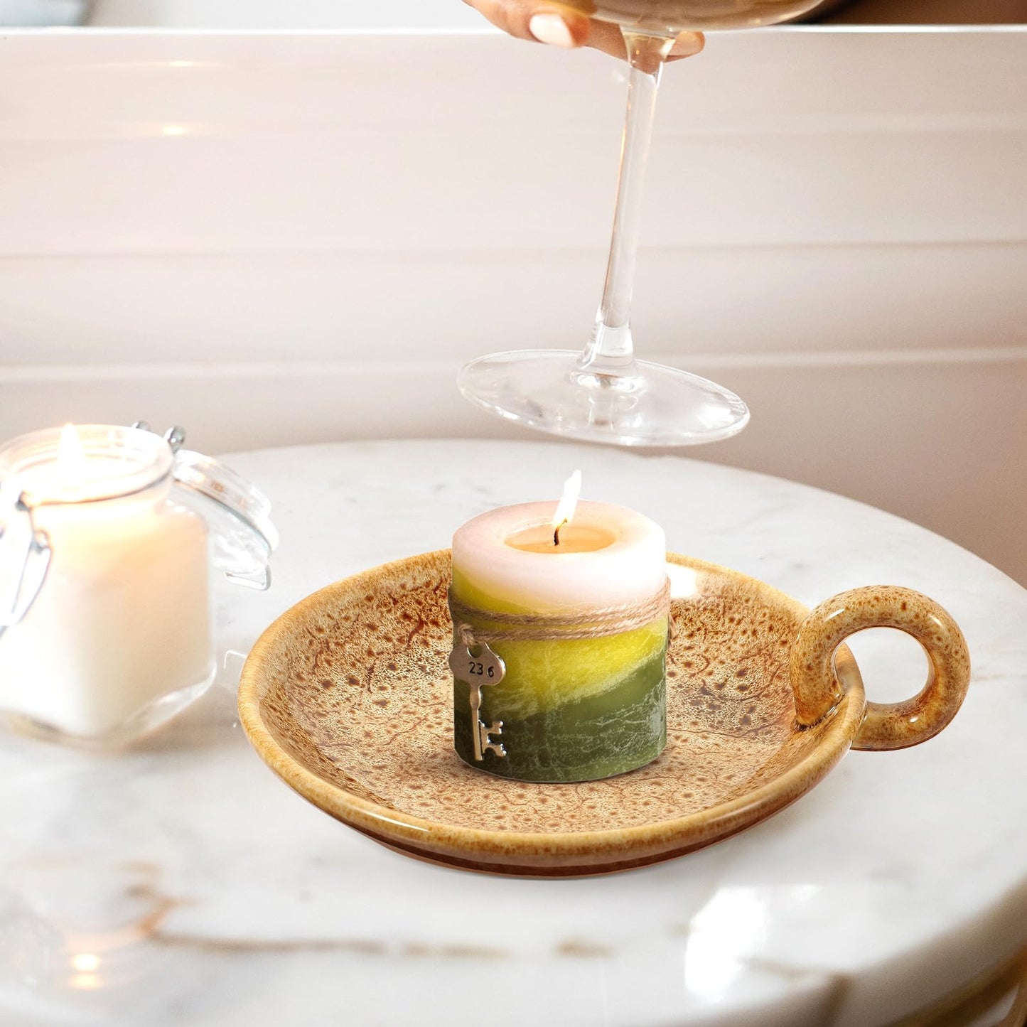 Veemoon Ceramic Candle Plate Decorative Round Candle Display Stand Aroma Holder for Indoor Home Decor Spa Meditation 5.70X4.92X1.77 Inches