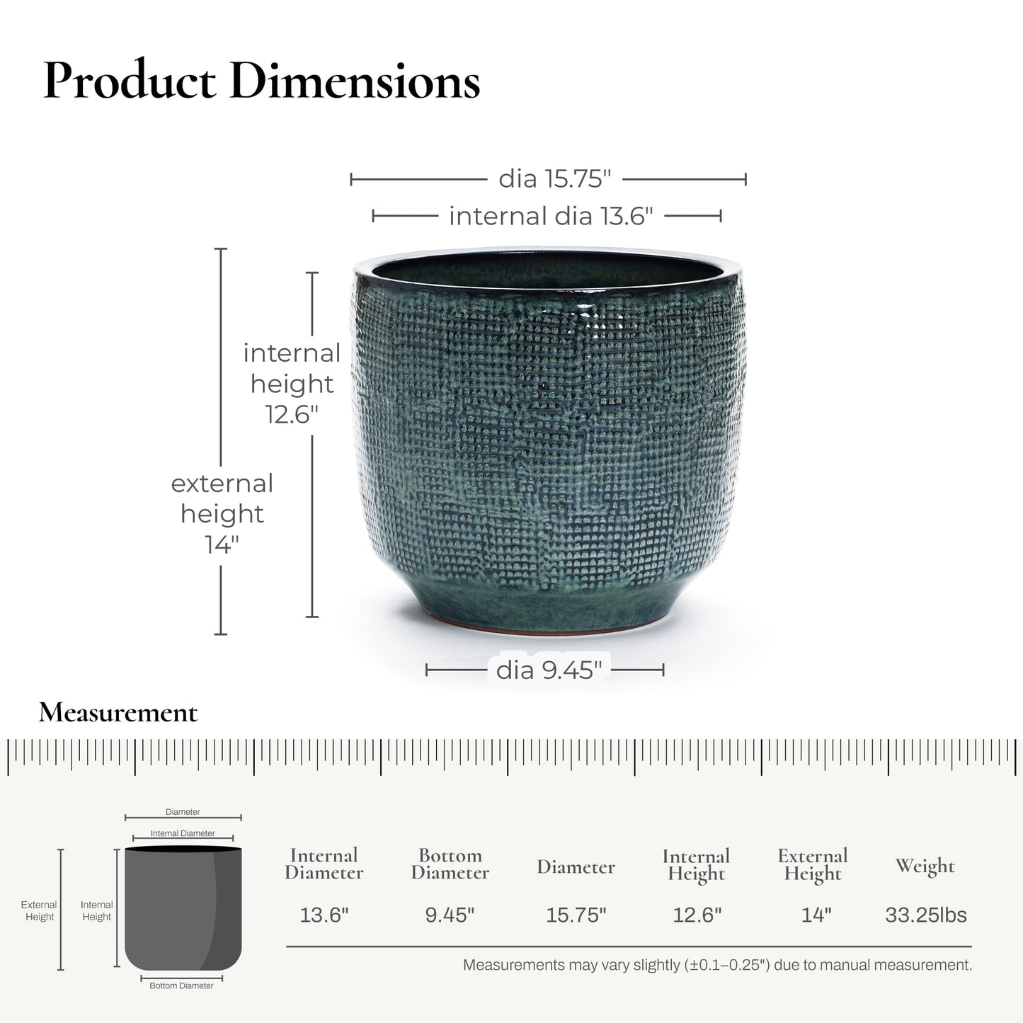 LuxenHome 15.5" Dia Large Ceramic Pots for Plants, Modern Green Glazed Planters for Outdoor Plants, Round Indoor Flower Pots with Drainage Hole and Rubber Plug for Home Garden Patio