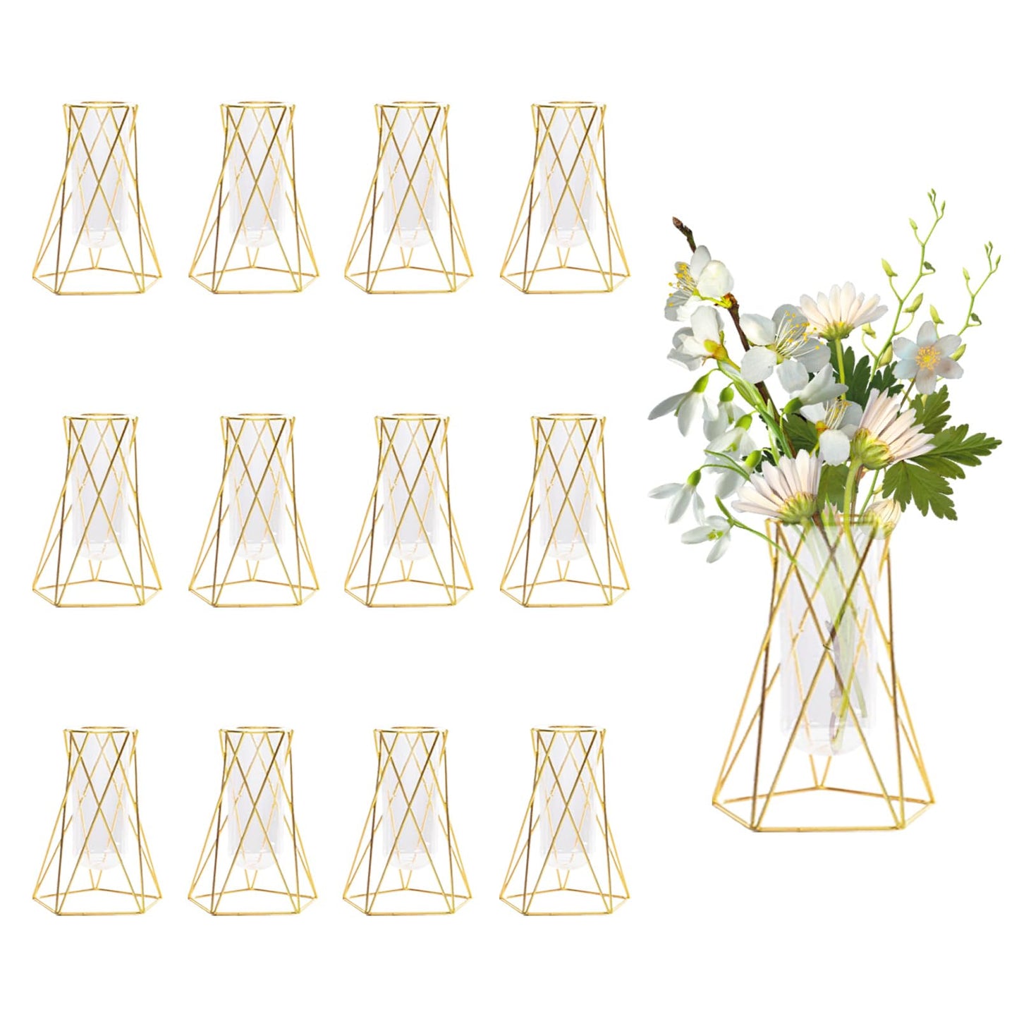 Hyuetrsa 12 Pcs Gold Geometric Vase for Centerpieces, Glass Vase with Metal Flower Stand Hydroponic Plant Test Tube Modern Vases for Wedding Home Decor（6.3 Inch）