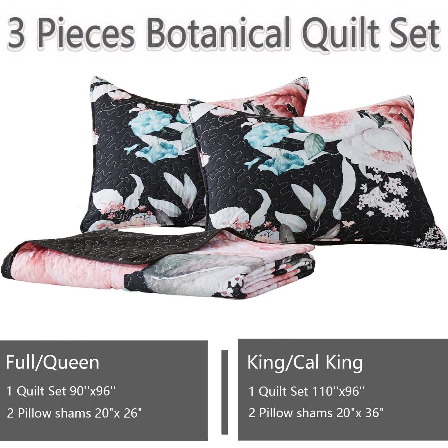 Yogeneg King Size Quilt Set, Pink Floral Botanical Pattern Black Bedding Set,3 Piece Lightweight Soft Summer Bedspread Coverlet with 2 PIillow Sham for All Season(Pink Floral,110"x96")