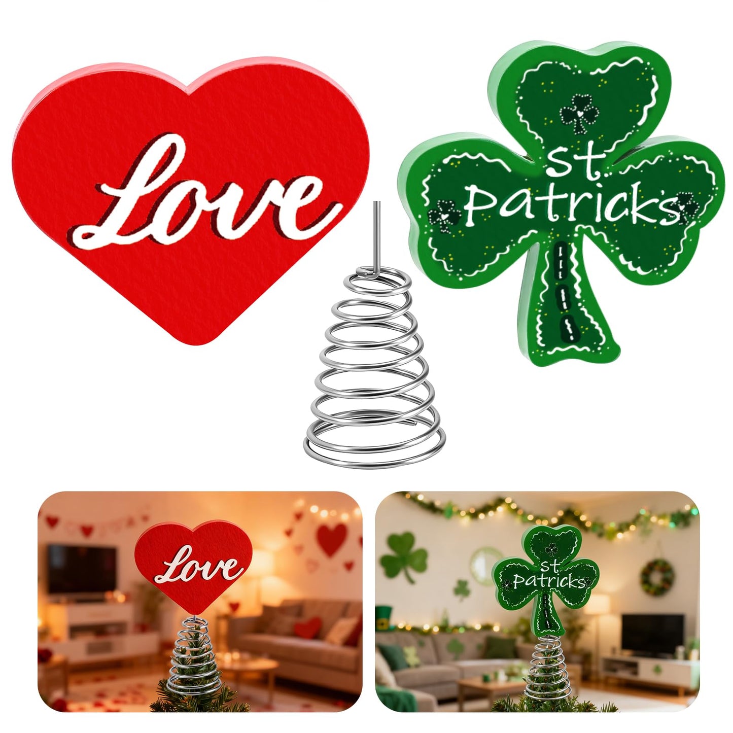 Valentine's Day & St. Patrick's Day Tree Topper,Heart and Shamrock Christmas Tree Topper Decorations,Holiday Trees Topper Set for Home Party Decor Tabletop Display Gift