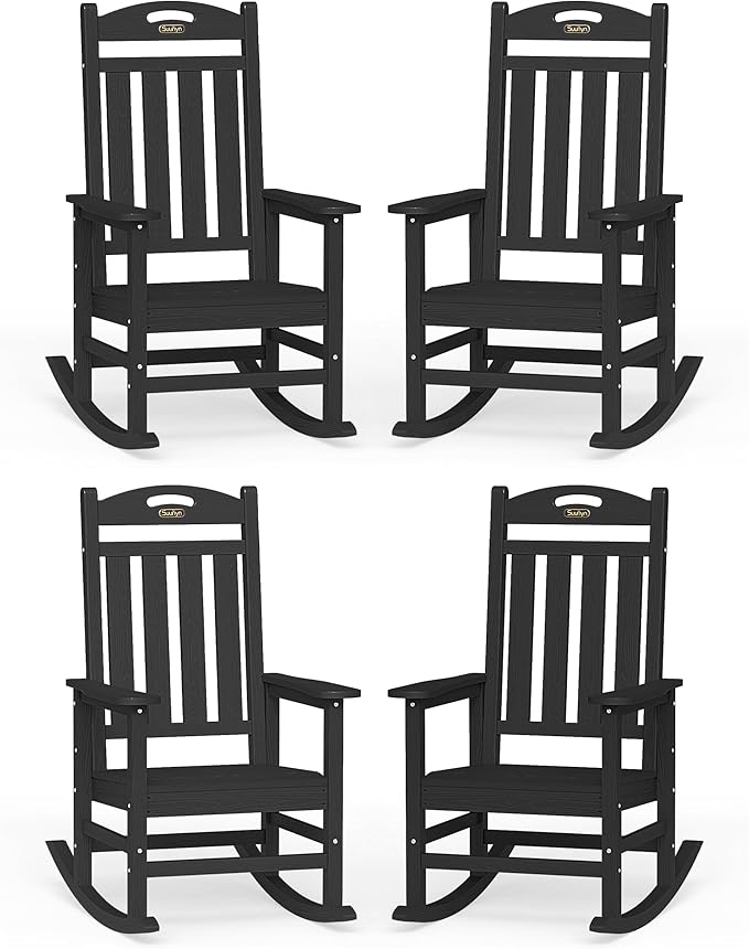 Oversized Outdoor Rocking Chairs Set of 4, High Back Porch Rocker Chair, HDPE All Weather Resistant Rocking Chairs for Patio, 380lbs Weight Capacity, Black