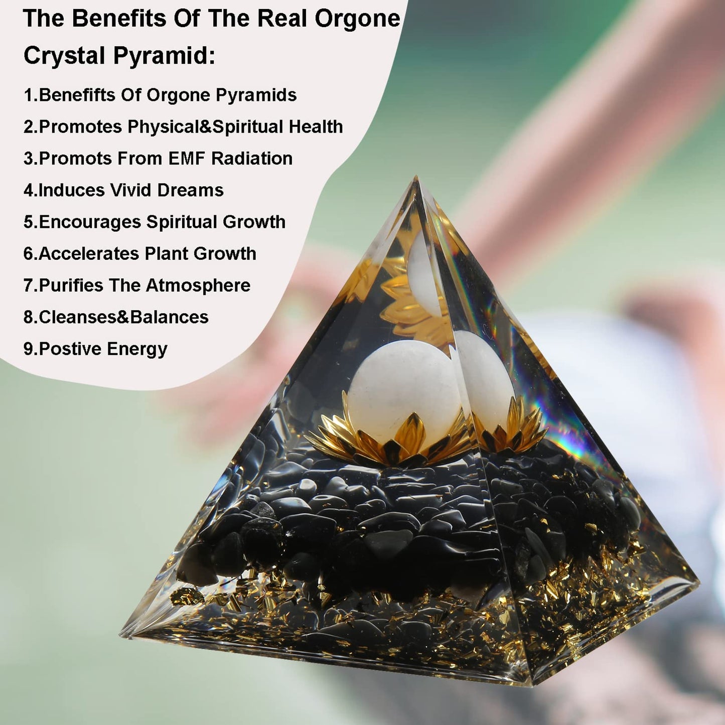 Orgone Pyramid - Positive Energy Source for Meditation, Stress Relief, Wealth Attraction | Crystal Pyramid Orgonite with Protection Crystals | Ideal Energy Generator & Stylish Room Decor