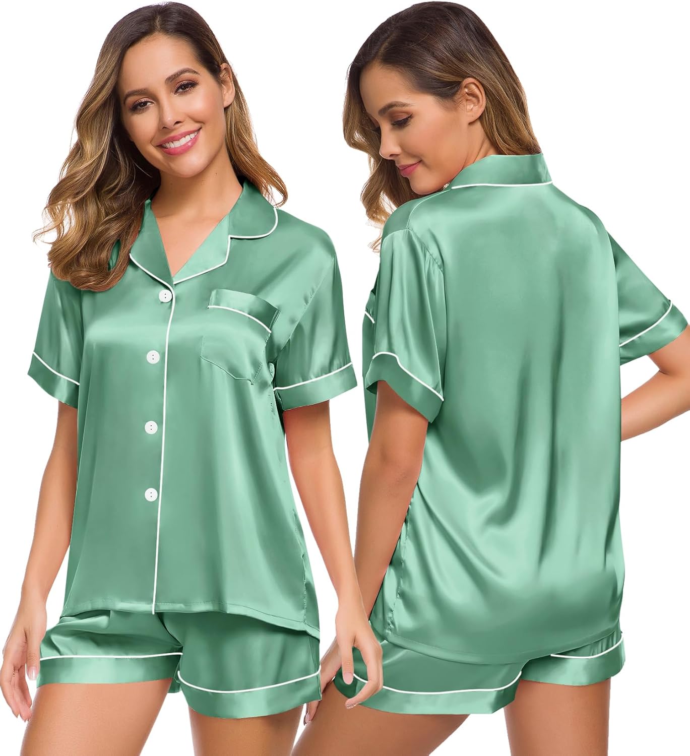 SWOMOG Womens Silk Satin Pajamas Set Short Sleeve Sleepwear Button Down Top and Shorts Loungewear 2 Piece Pjs Set XS-3XL