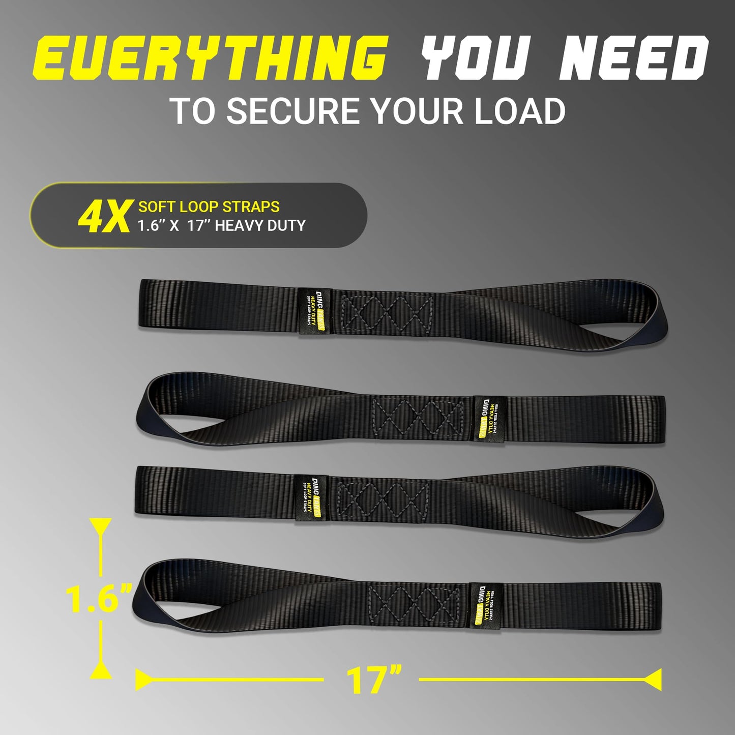 Soft Loop Tie Down Straps - 1.6'' x 17'' (4 Pack), 10000 Lbs Breaking Strength, Heavy Duty with Soft Loop Ends for Securing ATV, UTV, Motorcycles, Scooters, Dirt Bikes, Lawn Garden Equipment