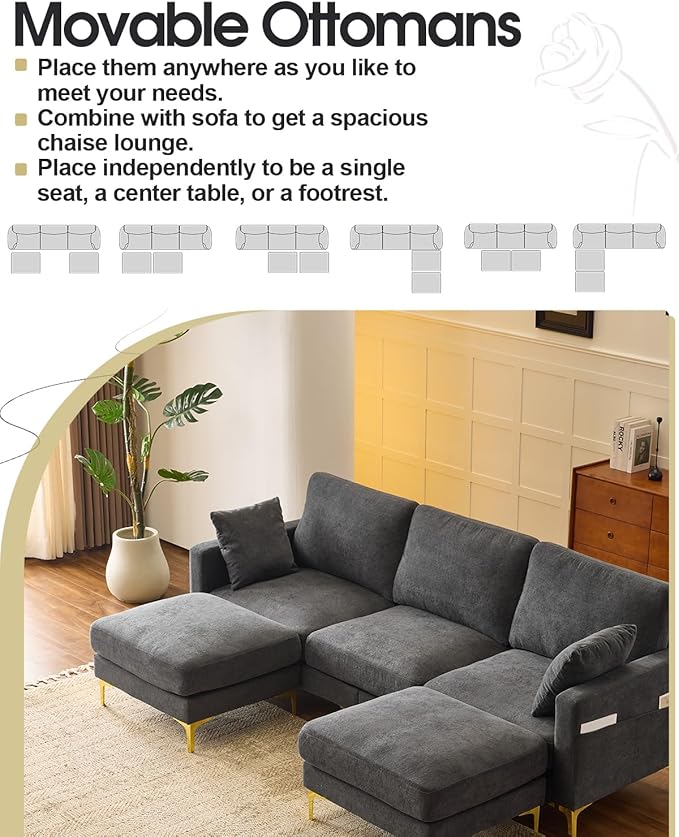 Karl home 99.6" Sectional Sofa, U-Shaped Chenille Upholstered Couch