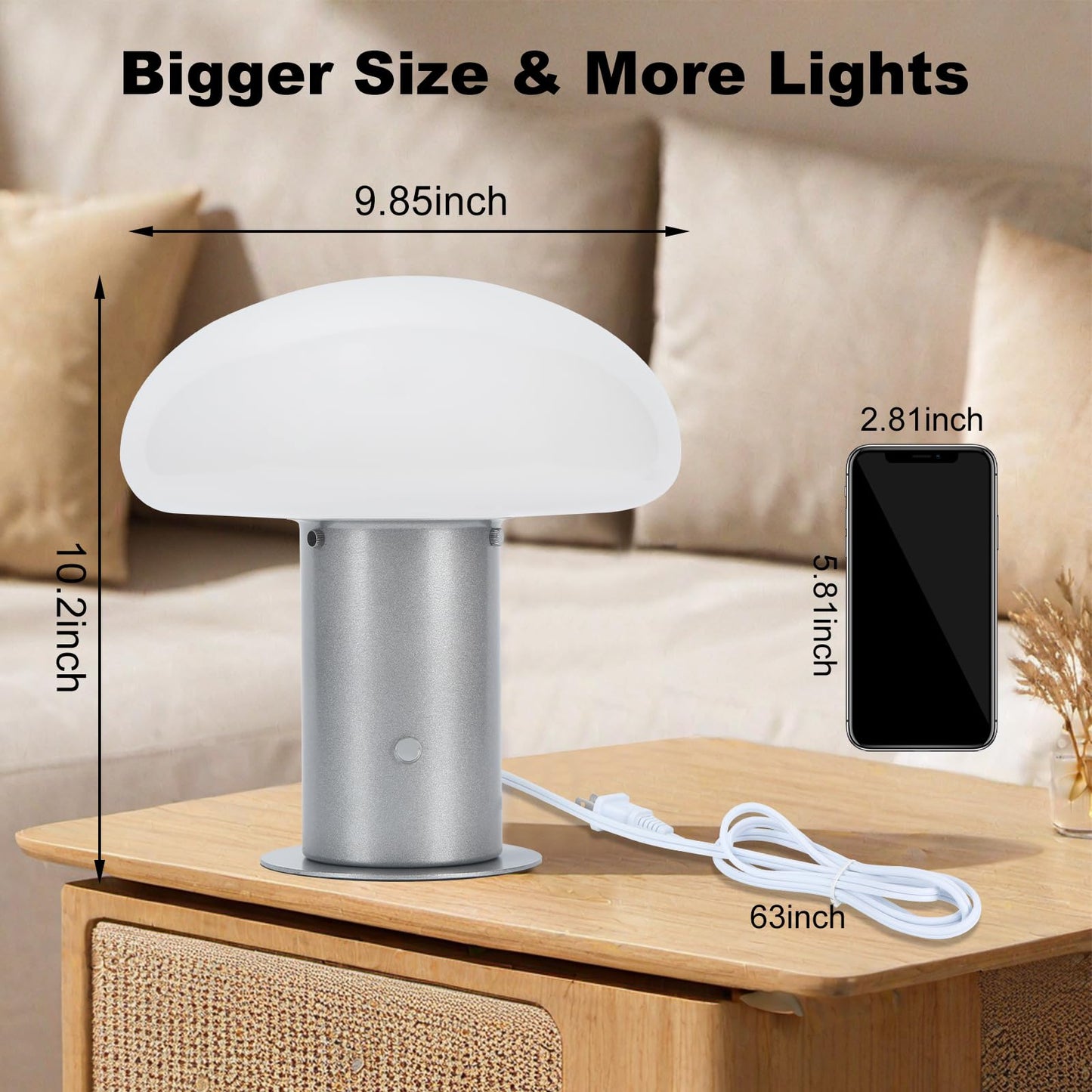 BNYFDC Mushroom Lamp, Retro Table Lamp with Touch Control Switch, 3 Way Dimmable Nightstand Lamp for Bedroom and Living Room, 6W LED Bulb Included (Silver)