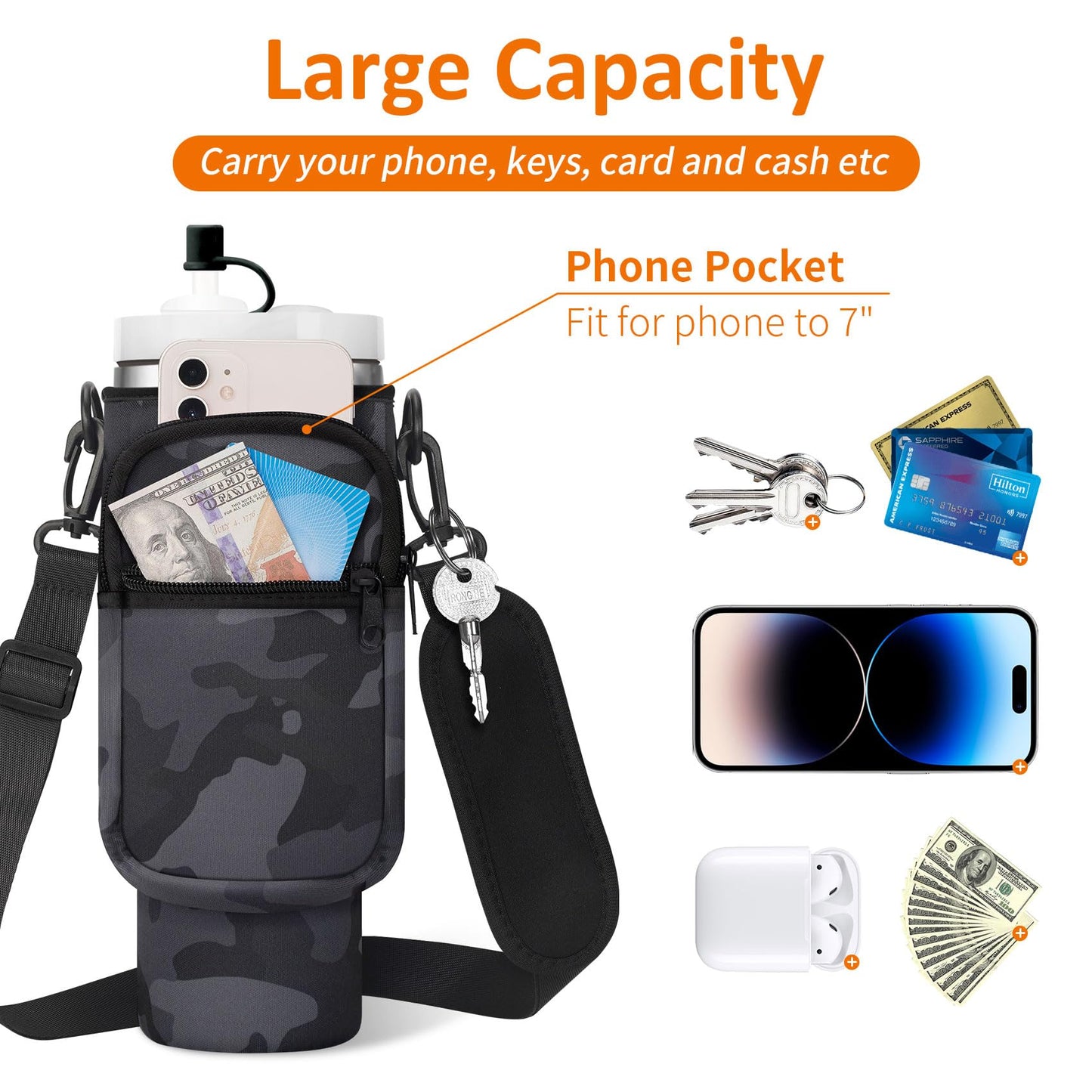 AceTreker 30 40 oz Water Bottle Holder for Stanley Tumbler with Handle, Neoprene Vacuum Travel Coffee Mug Carrier Pouch with Paracord Handle, 2 Pockets, Straw Cover for Car Gym Work-Black Camo