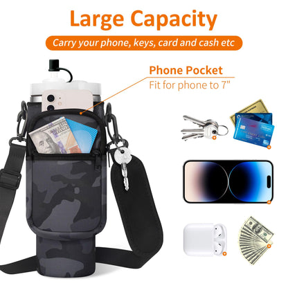 AceTreker 30 40 oz Water Bottle Holder for Stanley Tumbler with Handle, Neoprene Vacuum Travel Coffee Mug Carrier Pouch with Paracord Handle, 2 Pockets, Straw Cover for Car Gym Work-Black Camo