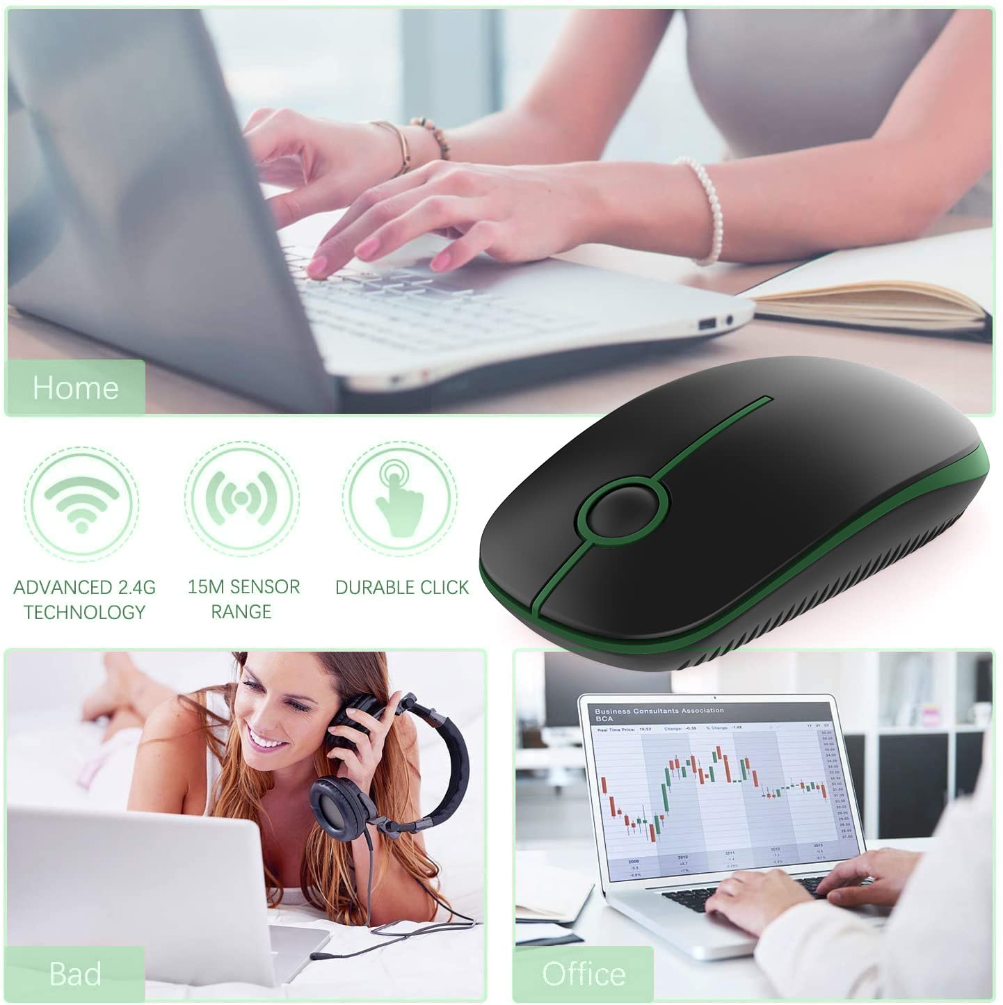 VssoPlor Wireless Mouse, 2.4G Slim Portable Computer Laptop Mouse with Nano Receiver Quiet Silent Optical Mice for Notebook, PC, Laptop, Computer-Black and Gold