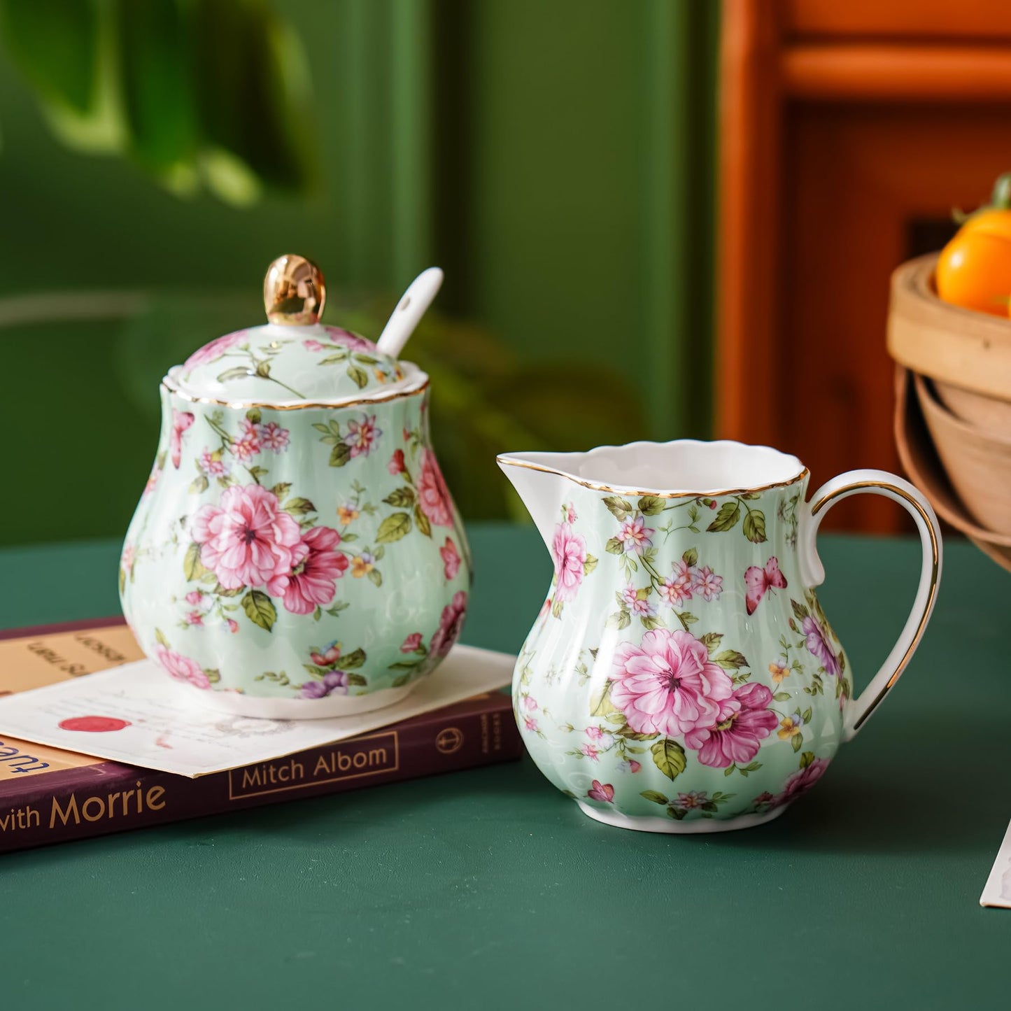 Agyiuns Ceramic Sugar and Creamer Set, 3 Piece Set with Cream Pitcher, Sugar Bowl, Sugar Set with Lid and Spoon (Green)