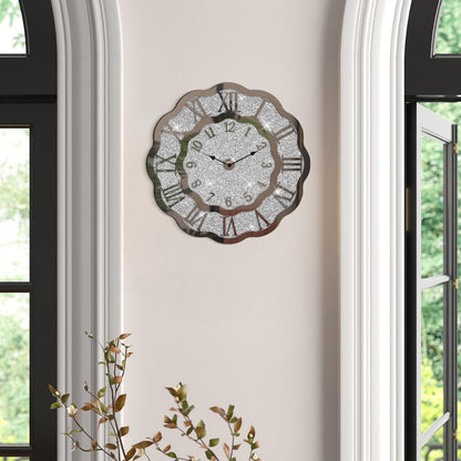 FEUFOAM Crushed Diamond Mirrored Wall Clock Silver Modern Crystal Clocks for Bedroom Unique Home Decorative Glass Mirror Hanging Clock for Living Room Office Dining Decor