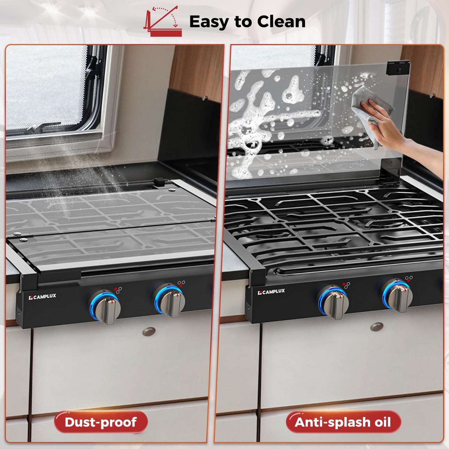 CAMPLUX Classic RV Stove 3 Burners 21,000 BTU, 21 Inches Propane Cooktop with Tempered Glass Cover, RV Stove Top, Slide-in for Camper Trailers, Motorhomes, and Boats, Black RGH21IB