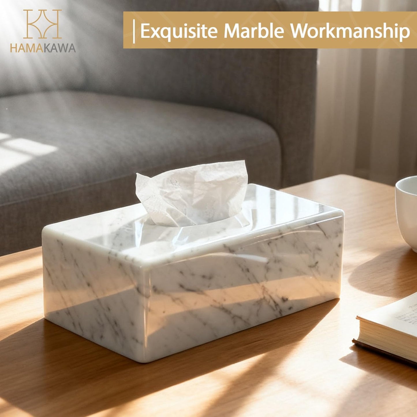 HAMAKAWA Natural Marble Tissue Box Cover, Carrara White Tissue Organizer 10 x 5.7 x 3.5 inch, Heavy Stone Decorative Box, Rectangle Tissue Box Holder for Home Decor, Kitchen, Bathroom, Bedroom