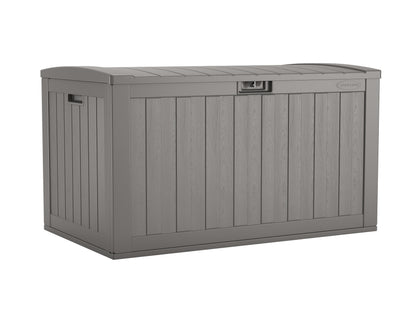 Suncast 134-Gal. Resin Extra-Large Outdoor Patio Deck Box with Pad-Lockable Lid, Modern Outdoor Patio Bench/Storage Box for Cushions, Garden Tools, and More, Dove Gray