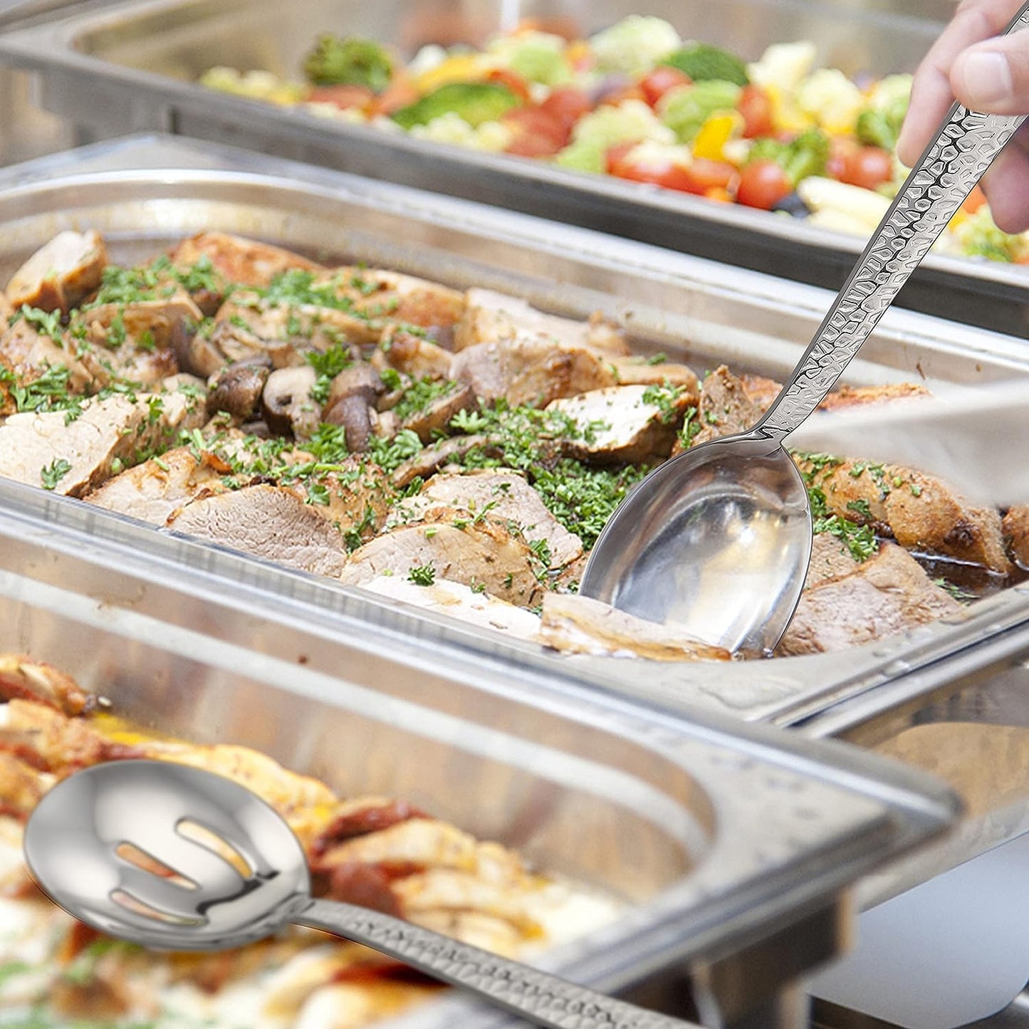 E-far Hammered Serving Spoons, 4-Piece Stainless Steel Serving Utensils Set Includes Slotted & Solid Spoons, Metal Hostess Tablespoons for Catering Buffet Party Kitchen Restaurant
