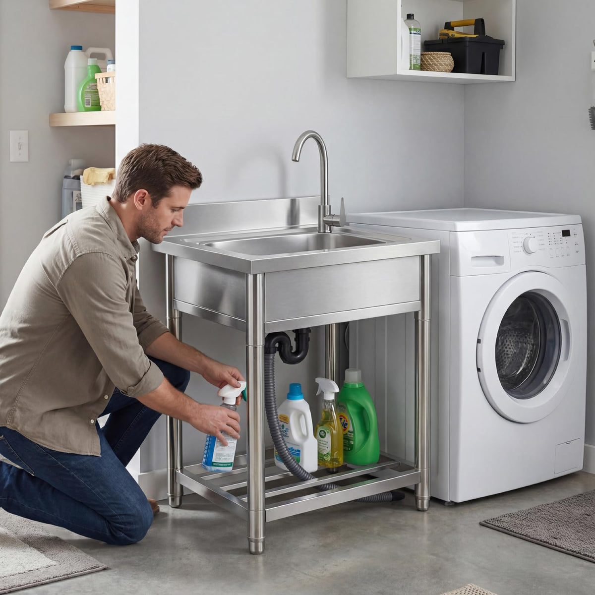 Free Standing Stainless-Steel Single Bowl Commercial Restaurant Kitchen Sink Set w/Faucet, Prep & Utility Washing Hand Basin w/Storage Shelve, laundry tub for Indoor Outdoor (22in)