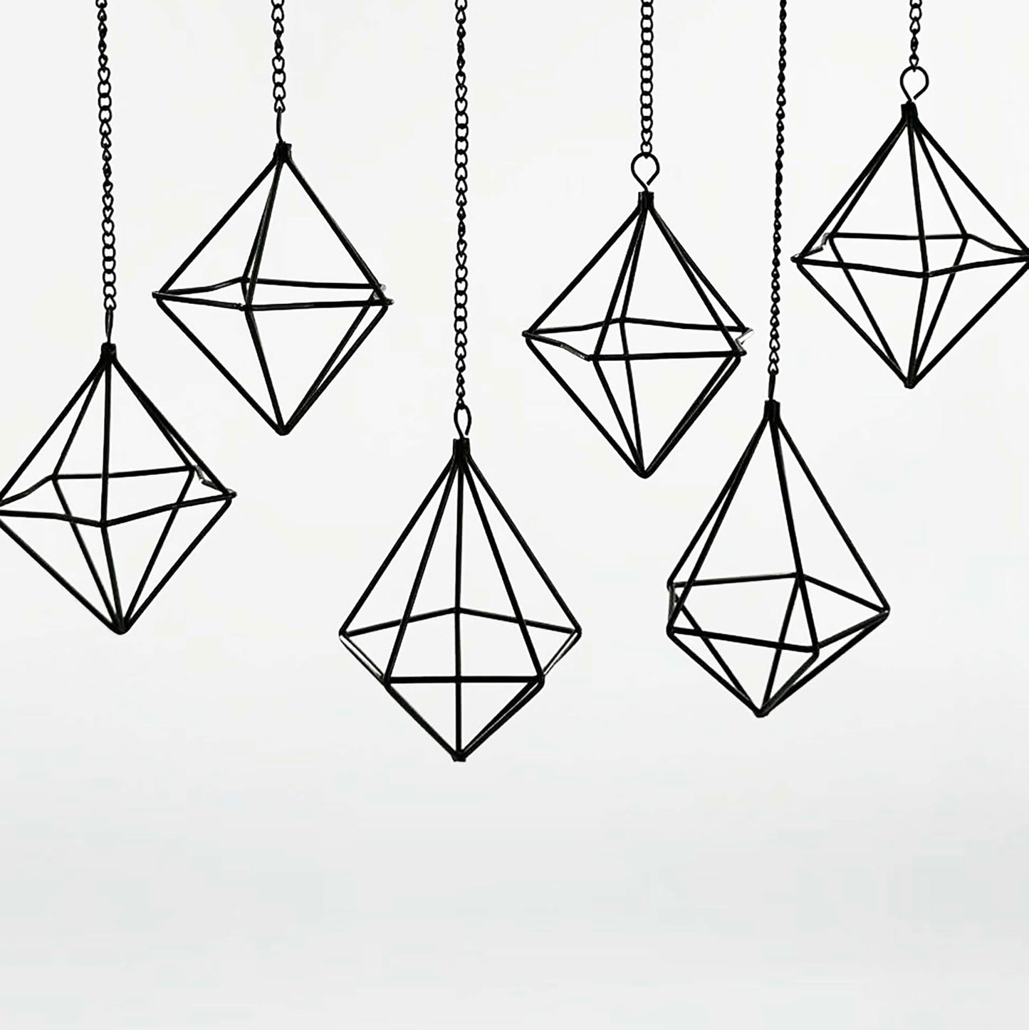 PUDAPU 6 Pack Hanging Metal Air Plant Holders with Chain, Black Geometric Tillandsia Air Plant Hanger Cages, 2 Styles Mini Iron Air Plants Live Holders for Home Office Garden Decor