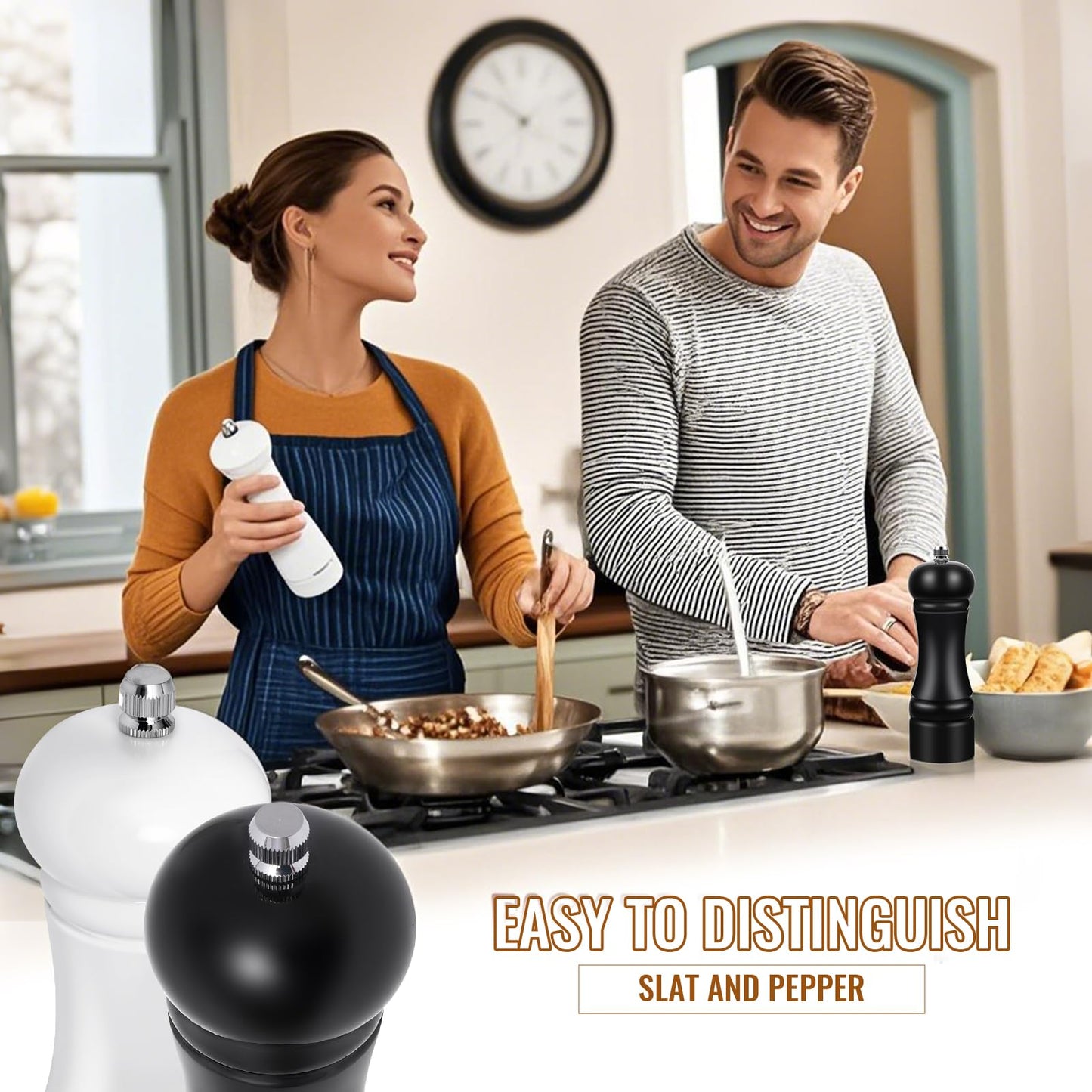 2Pack Wood 6.5 Inches Salt and Pepper Grinder Set and Adjustable Manual Salt and Pepper Mills, with Ceramic Grinding Mechanism, Housewarming Gifts, Cooking Gifts for Men & Women(Black & White)