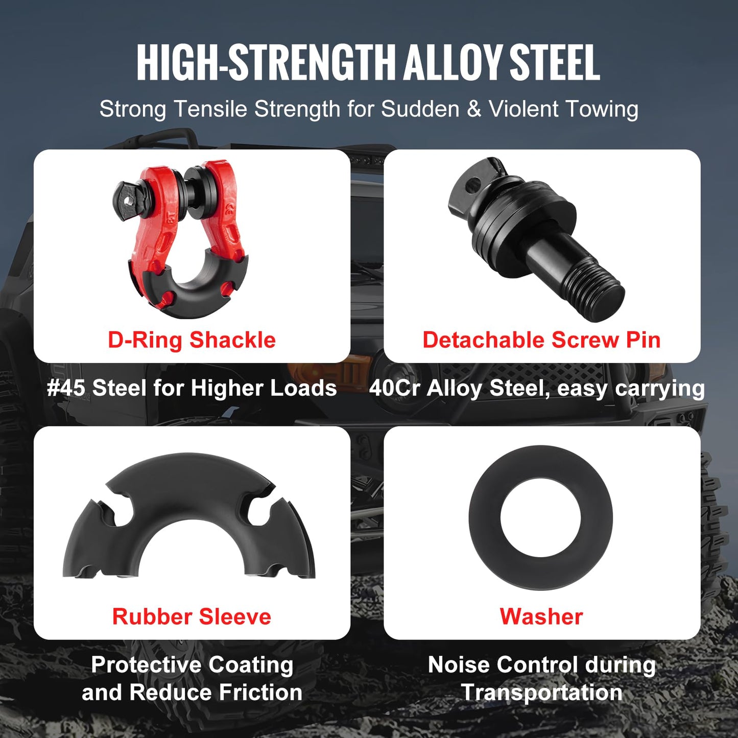 VEVOR 3/4" D Ring Shackle, Red Shackles for Truck with 7/8” Screw Pin 66139 lbs (30 Ton) Break Strength Black Isolator Washers Kit, Winch Towing Shackle for Truck Jeep Heavy Duty Off Road Recovery