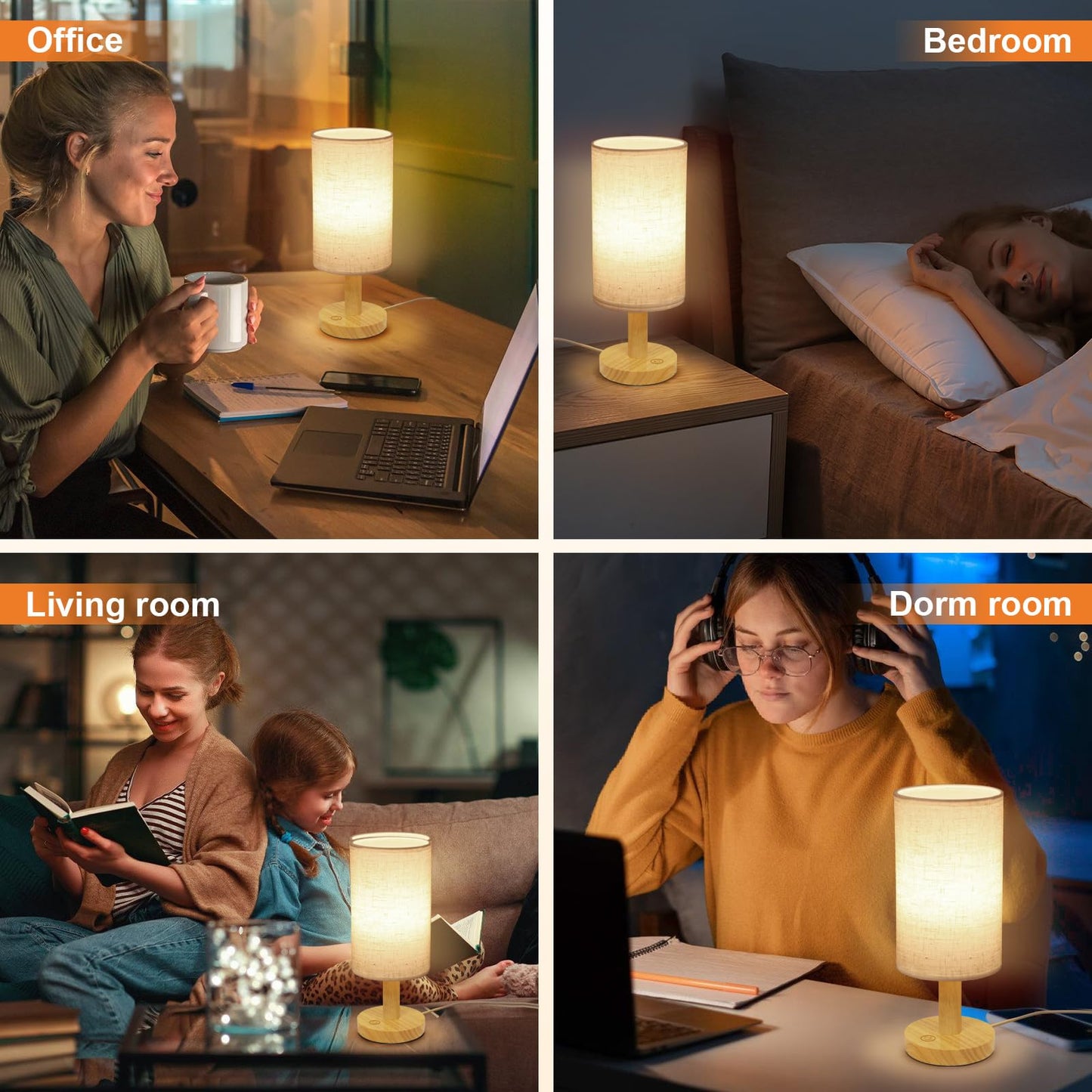 Small Touch Table Lamp with Stepless Dimming&USB Plug,Natural Round Wood Base&Linen Fabric Shade |Soft Ambient Warm Night Light|Minimalist Boho Bedside Lamp for Bedroom,Nightstand,Nursery,Kitchen,Dorm