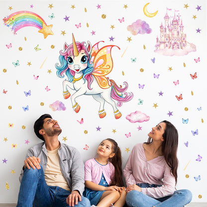 Glowing Unicorn Wall Stickers Unicorn Castle Wall Stickers with Rainbow, Butterflies, Clouds, Moon, and Stars Removable Wall Decorations Suitable for Bedroom, Classroom, and Playroom Wall Decor