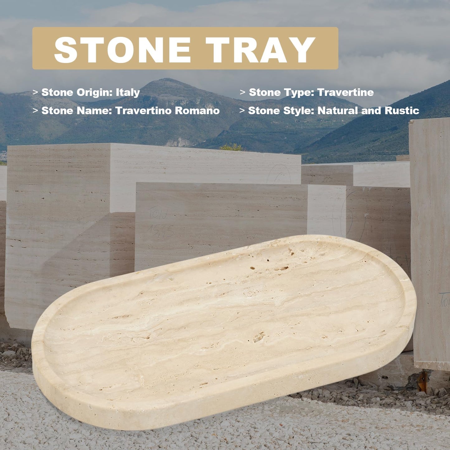 Koville Italian Travertine Tray, 12"x6" Vanity Decorative Marble Tray for Countertop, Catchall Tray for Perfume, Candles, Jewelry Dish Tray