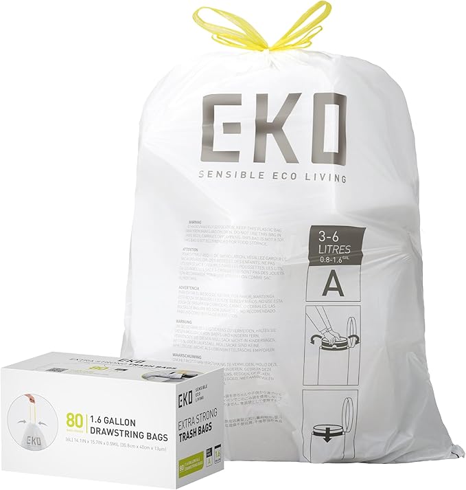 EKO 1.6 Gallon / 3-6 Liter, Extra-Strong Unscented Garbage Bags, Easy-Dispense