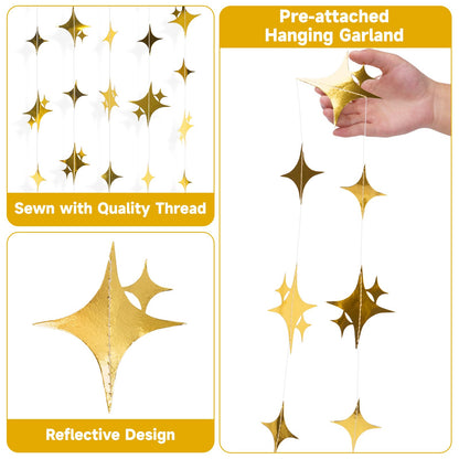 jijAcraft Glitter Gold Four-Angle Star Garland Decorations Hanging Garands Banner Backdrop, Star Party Decoration for Birthday Baby Shower Wedding Kids Room Ramadan EID Graduation Decor (39 Feet)