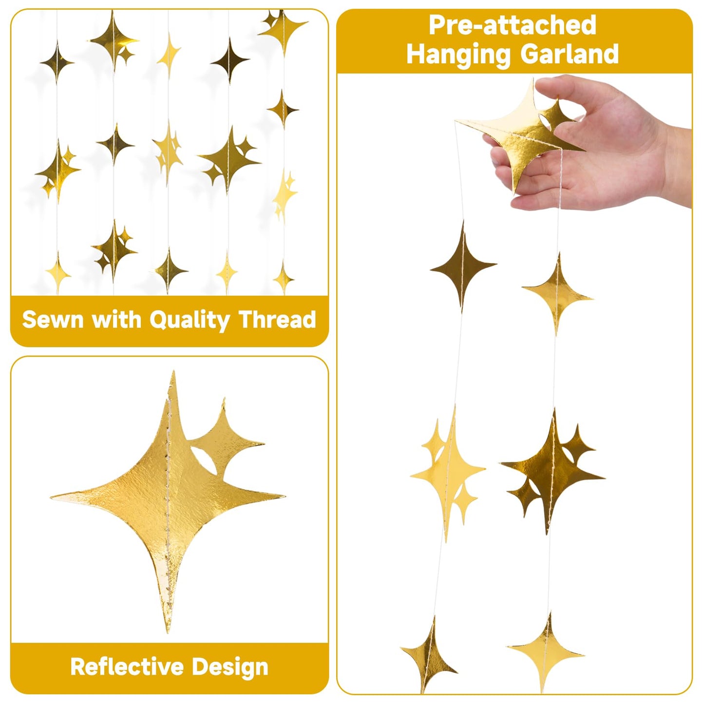 jijAcraft Glitter Gold Four-Angle Star Garland Decorations Hanging Garands Banner Backdrop, Star Party Decoration for Birthday Baby Shower Wedding Kids Room Ramadan EID Graduation Decor (39 Feet)