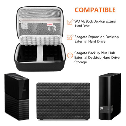 BOVKE Protective Case for Seagate Expansion Desktop, WD Elements/WD My Book Desktop External Hard Drive HDD, USB 3.0 4TB 6TB 8TB 10TB 12TB, Zipper Pocket for USB Cable Power Adapter USB Hub, Black