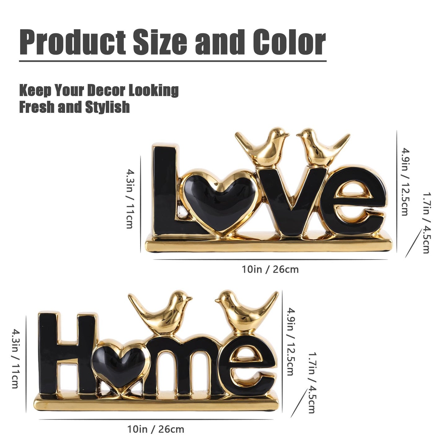 GAOSHENG Ceramic Love & Home Sign Decor with Bird Statues Set 2,10" Modern Black Gold Tabletop Sculptures for TV Stand,Floating Shelf & Entryway,Romantic Wedding & Warm Housewarming Gift Set (Black)