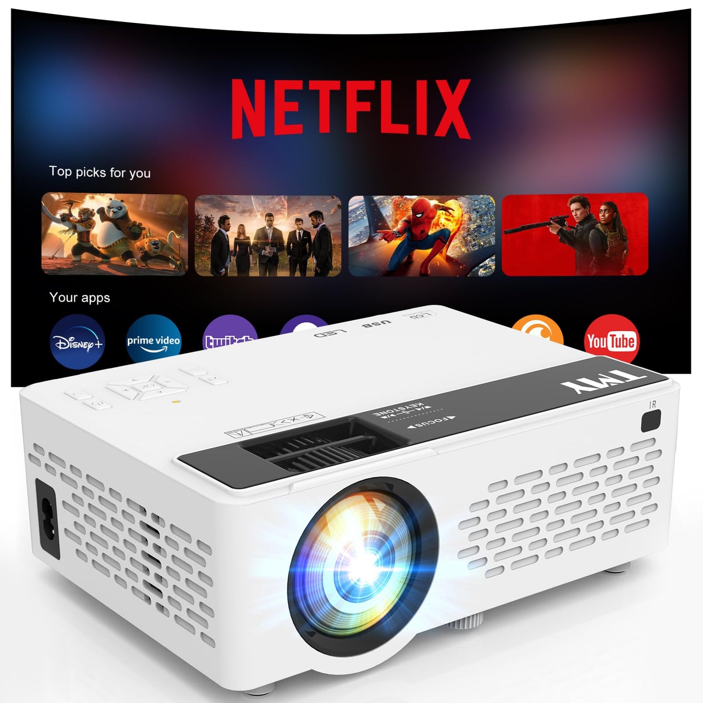 【Netflix-Officially-Licensed】TMY Mini Projector with WiFi and bluetooth, 1080P Full HD Portable Projector, Movie Projector Compatible with TV Stick Smartphone/HDMI/USB, indoor & outdoor use