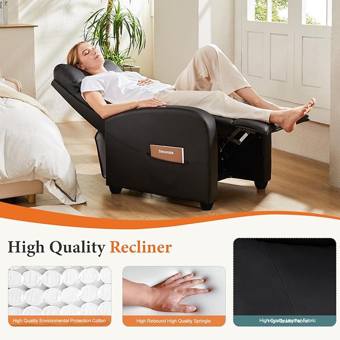 Sweetcrispy Recliner Chair PU Leather Recliner Sofa No Massage, Home Theater Seating with Lumbar Support, Adjustable Push Back Overstuffed High-Density Sponge Reclining for Living Room, Black