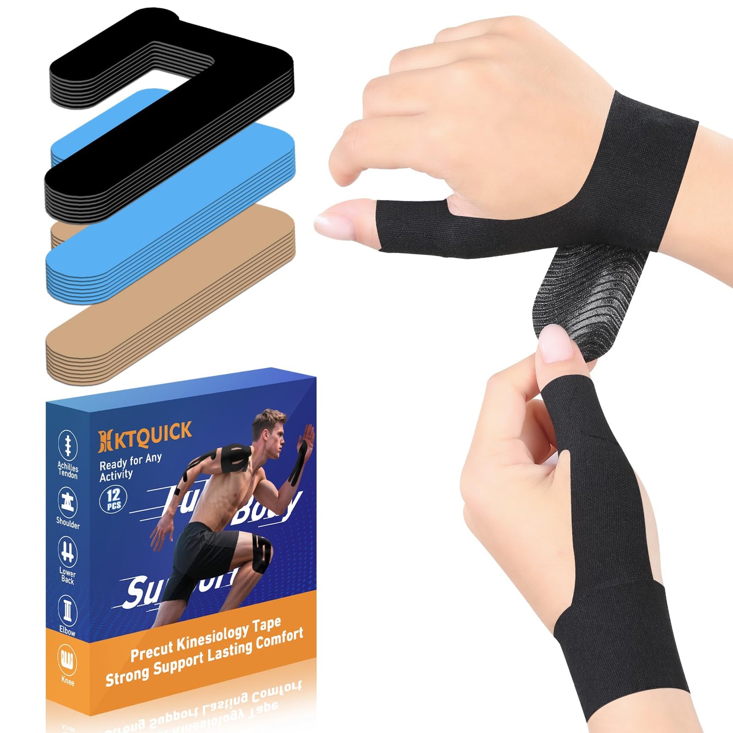 Precut Kinesiology Tape for Thumb Right, KTQUICK 12PCS Waterproof & Hypoallergenic Latex-Free Athletic Tape for Thumb Support, Wrist & Thumb Brace, Elastic Breathable Long-Lasting Thumb Tape (Black)
