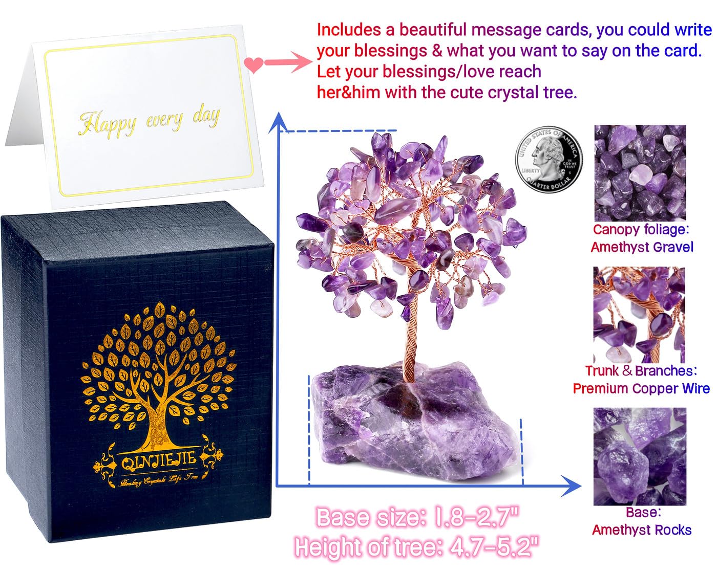 QINJIEJIE Amethyst Crystal Tree of Life Decor Crystals and Healing Stones Reiki Natural Crystals Base Copper Wire Spiritual Meditation Energy Purple Room Office Desk Decor Purple Gifts for Women