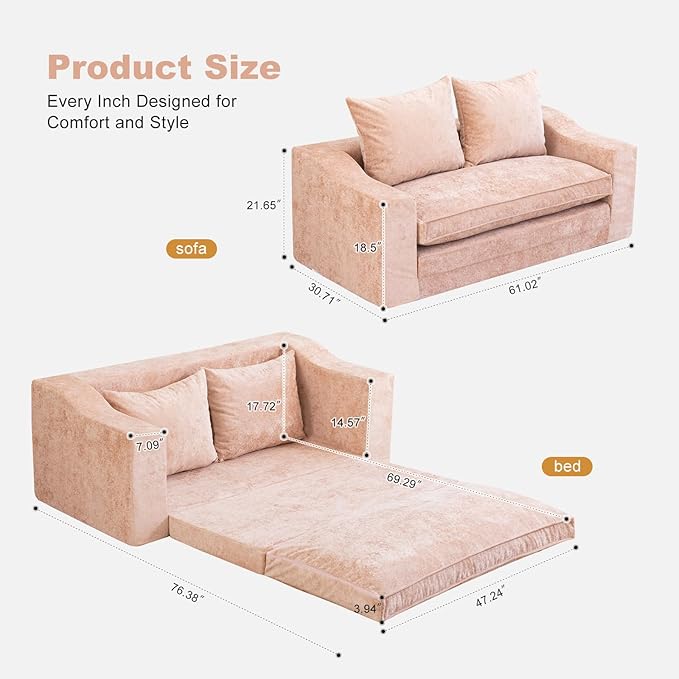 61" Convertible Sofa Bed Loveseat, Memory Foam Boneless Floor Couch