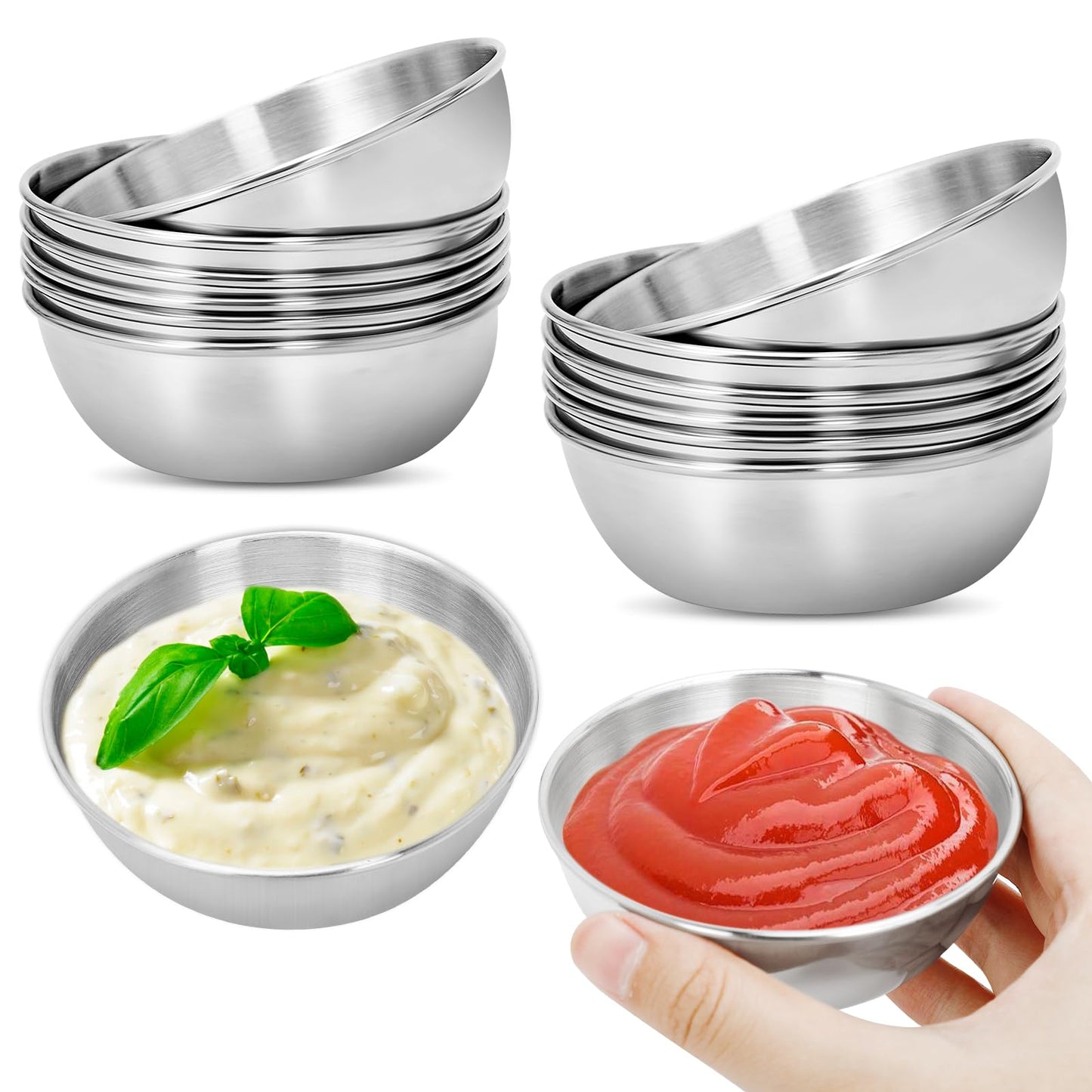 Ipercox 12Pcs Stainless Steel Sauce Dishes, Silver Sauce Dip Bowls, 2 Sizes of Round Metal Bowl Condiment Dishes (3.22inch, 3.46inch)