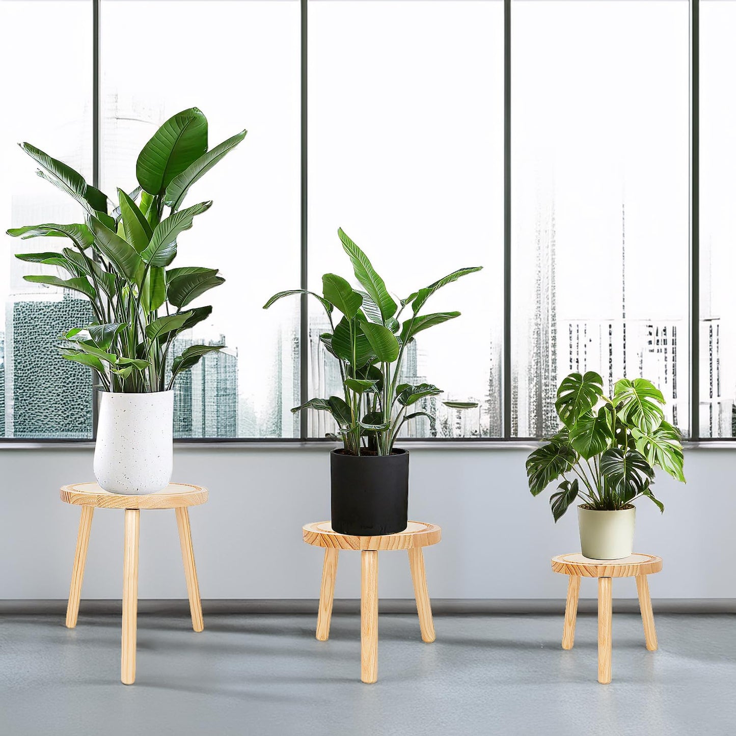 Amdermi 3-Pack Wood Plant Stands Indoor, Single Plant Stand for 6-12 Inch Pots, Mid-Century Modern Plant Stool, Tall Plant Stand for Large Plants for Living Room, Balcony, Office (Light Brown)