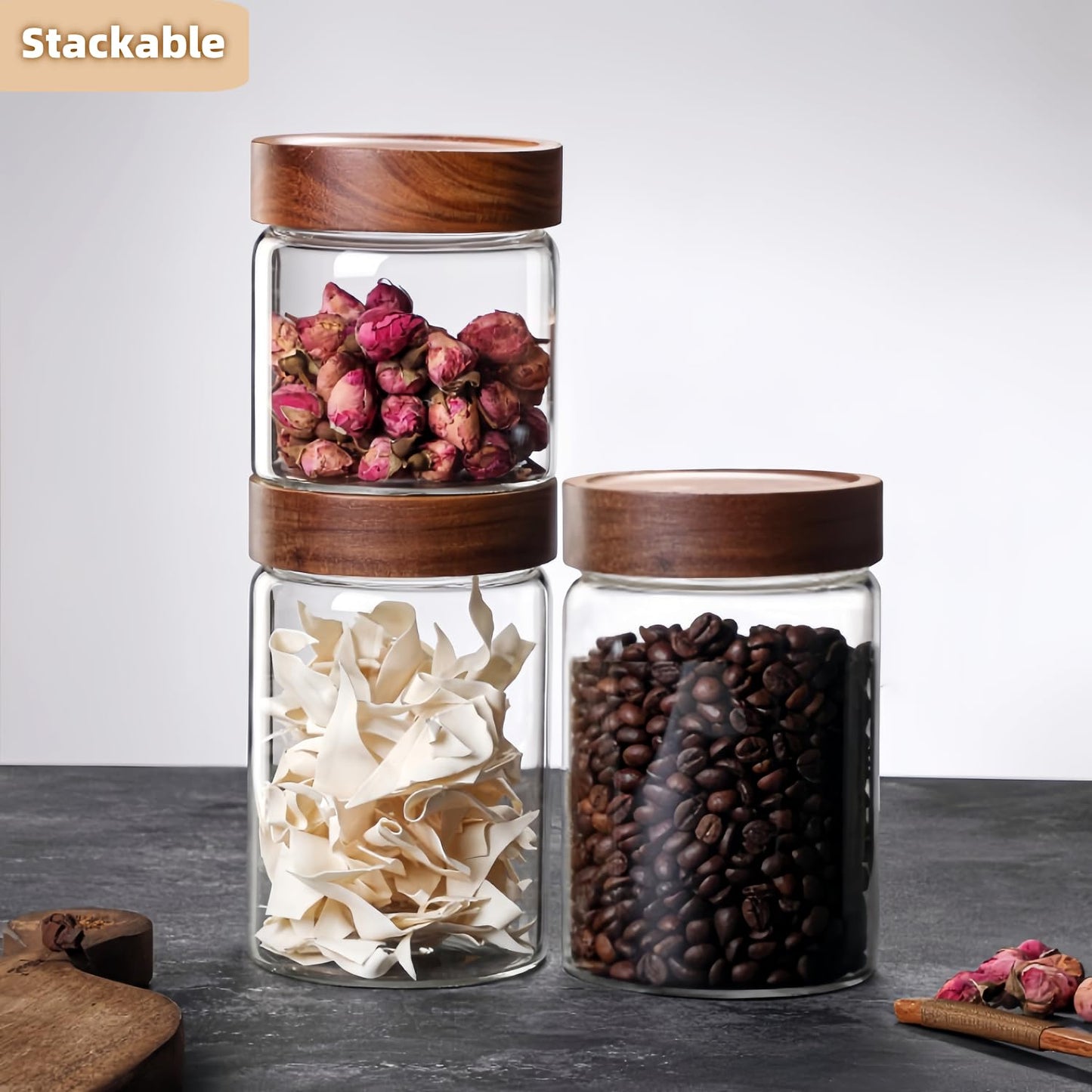 Brighomrom Set of 2 Glass Food Storage Jars, Premium Clear Glass Container Jar with Airtight Wooden Screw-on Lid, Kitchen Canisters for Coffee,Tea,Pasta,Cookies, Nuts,Spice,Candy,Overnight Oatmeal