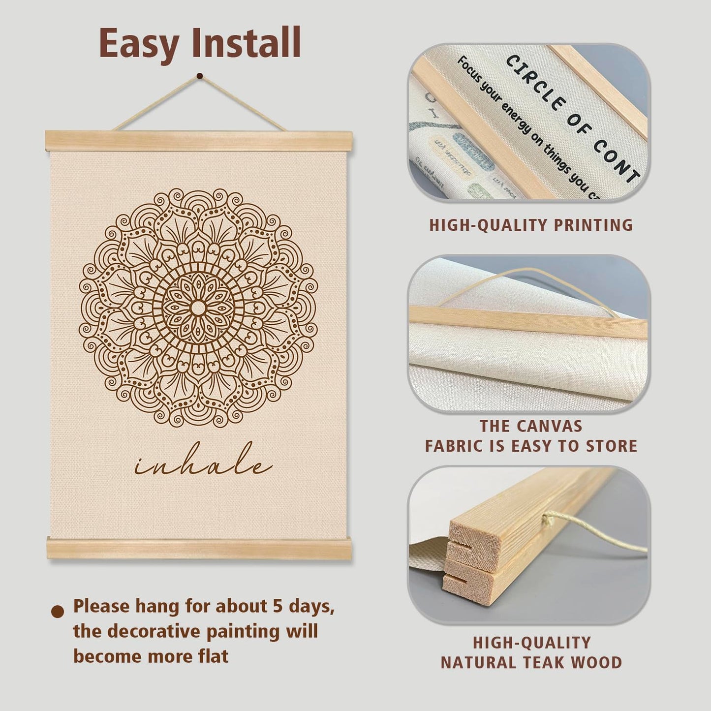 Inhale Mandala Wall Art ,Minimalist Yoga & Meditation Poster, Natural Linen Canvas with Wooden Hanger, Boho Zen Decor for Breathing Space, Spa Room, or Mindfulness Corner 14x18.5Inch(BG010)