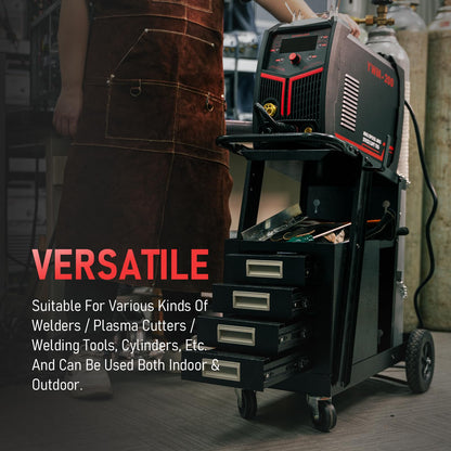 YESWELDER 2-Tier Welding Cart with 4 Drawers, Heavy Duty Large Storage Welding Trolley with 360° Rolling & Safety Chains for MIG TIG Welder and Plasma Cutter
